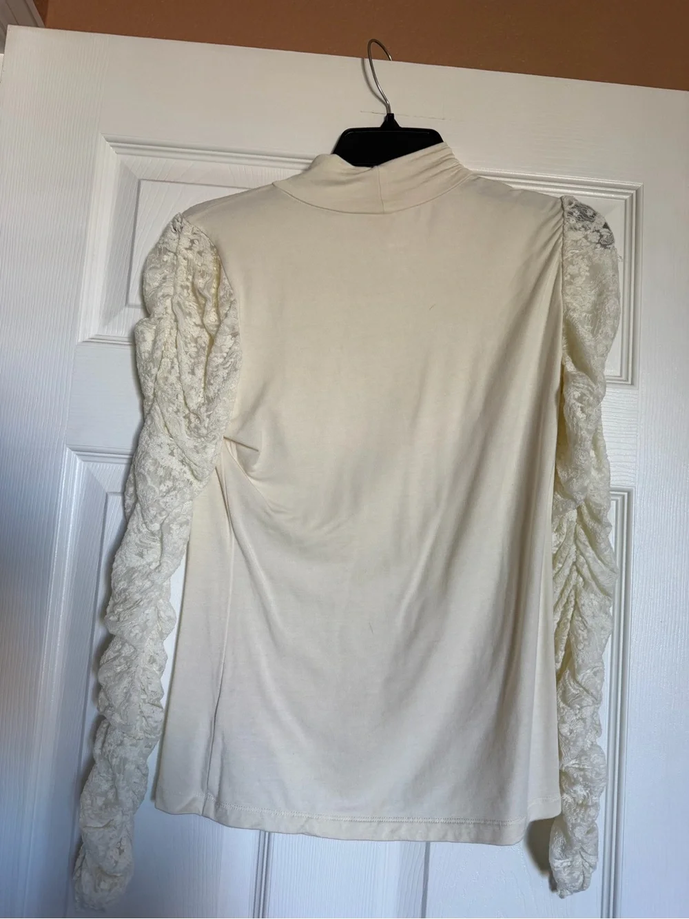 Anthropologie Cream Lace-Sleeve Mock Neck Top